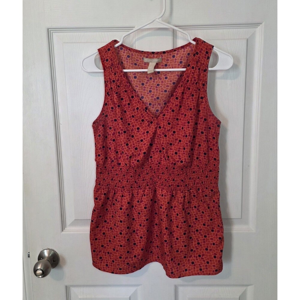 Banana Republic Sleeveless Top Womens Small Vibrant Orange Print Smocked Waist